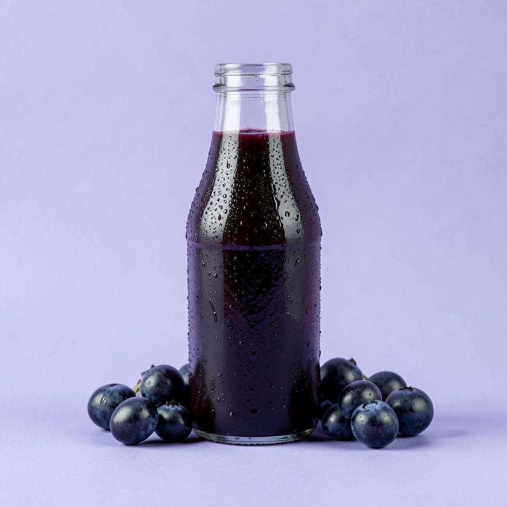 Chilled 250ml bottle of GRAPPY black grape juice beside whole black grapes