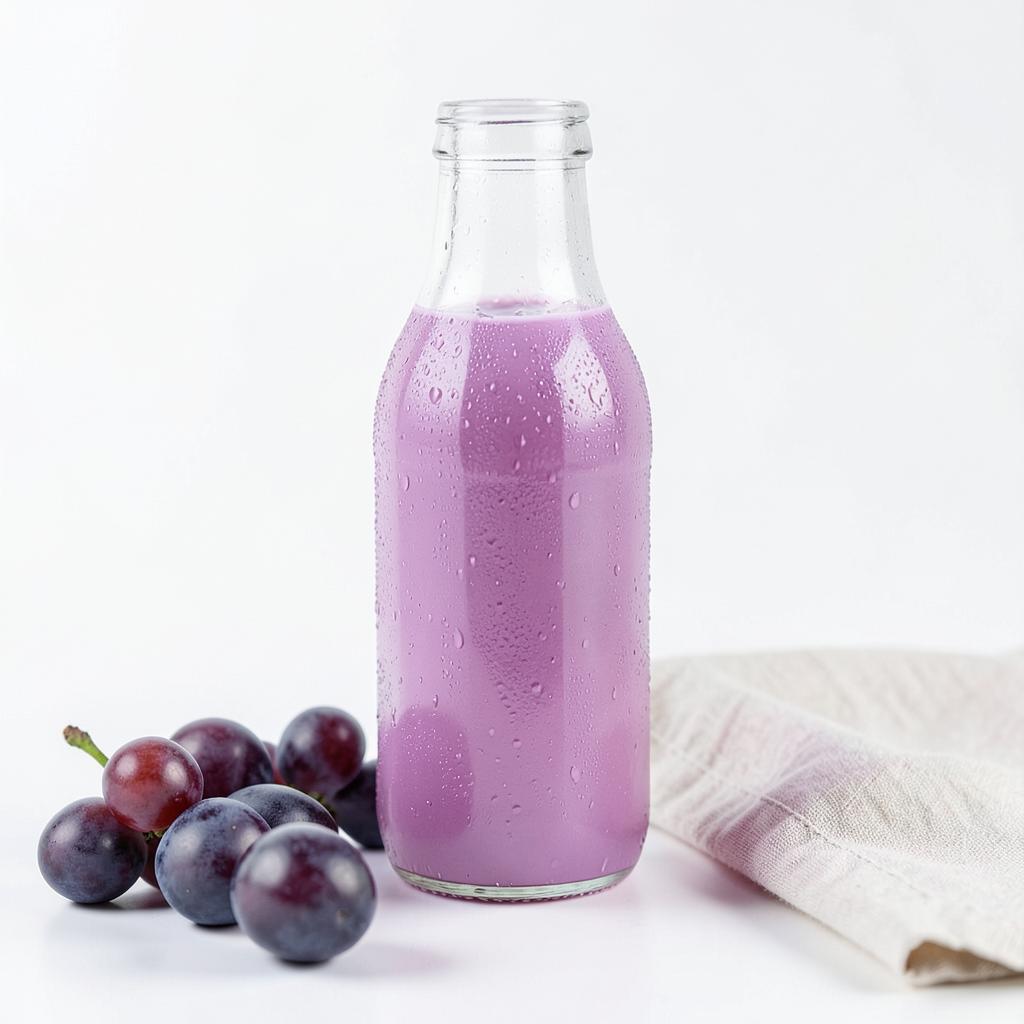 Chilled 250ml bottle of GRAPPY low sugar grape juice on a white surface with whole grapes