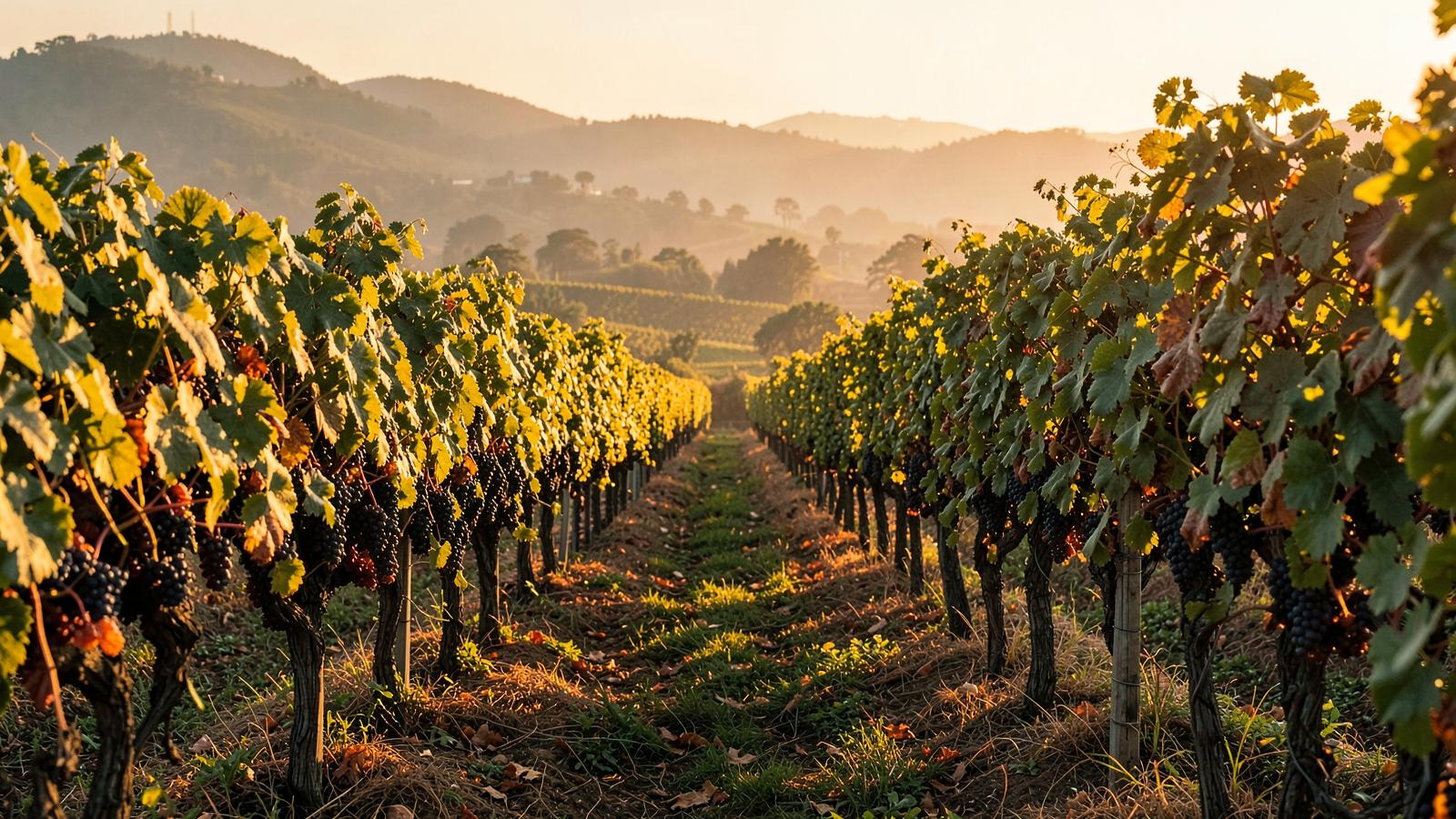 Rows of grape vines in a Nasik vineyard at golden hour